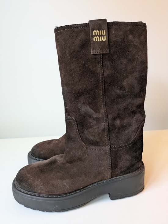 Miu Miu Shoes - Miu Miu Brown Suede Mid-Calf Boots